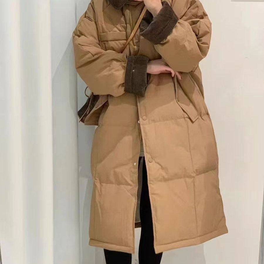 新款灯芯绒拼接翻领羽白鸭绒羽绒服女中长款韩版宽松加厚新外套