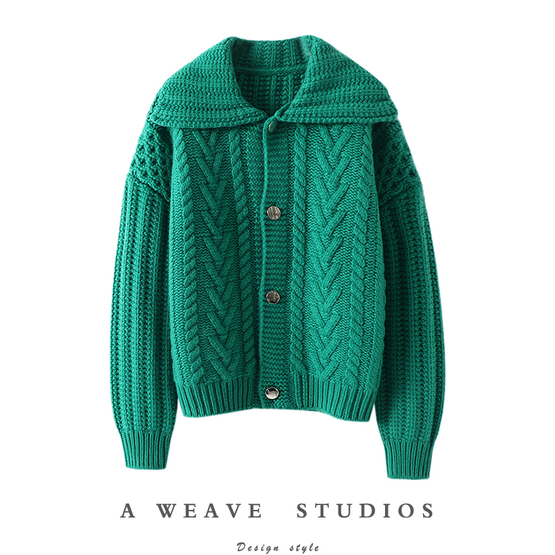 就爱穿它!加厚大翻领粗棒针100%羊绒衫女纯羊绒毛衣开衫外套冬