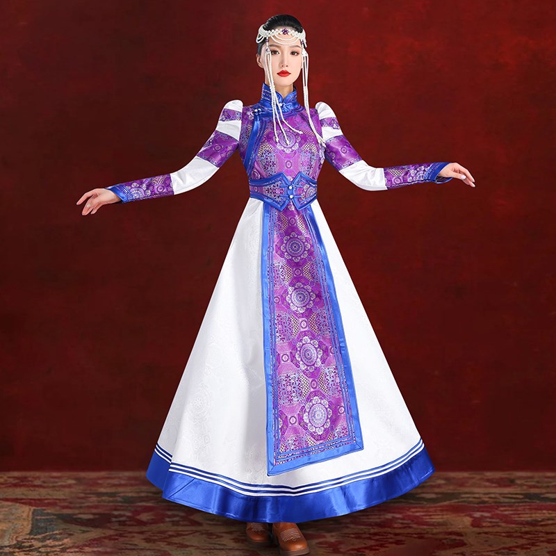 女蒙古袍紫色连衣裙内蒙古少数民族服饰舞蹈演出摄影礼仪婚礼伴娘