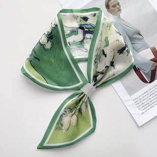 夏天遮脖子丝巾夏季薄款女2024新款小围脖长条护脖围巾水墨画百搭