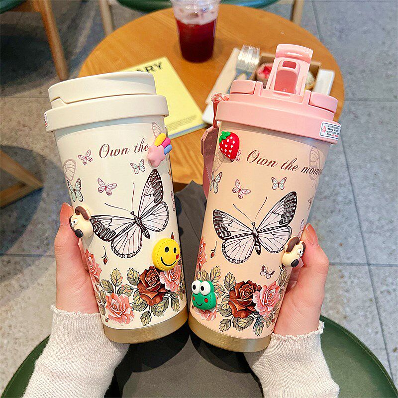 高颜值带茶隔花茶316双饮保温杯男女办公室水杯吸管咖啡车载杯子