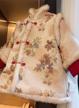 2024洋气女童加绒中国风裙汉服拜年服冬季女宝中式假两件唐装棉服