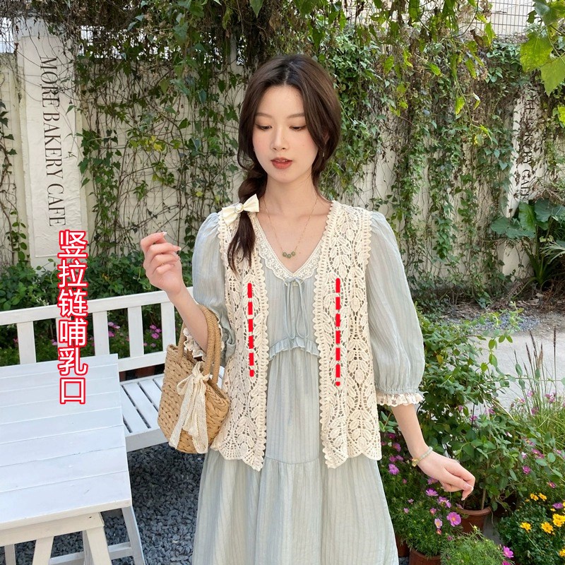 春秋季哺乳衣外出辣妈款产后喂奶衣法式小清新哺乳连衣裙两件套装