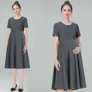 孕妇装夏季新款圆领连衣裙u女短袖通勤职业工作服长款过膝宽松工