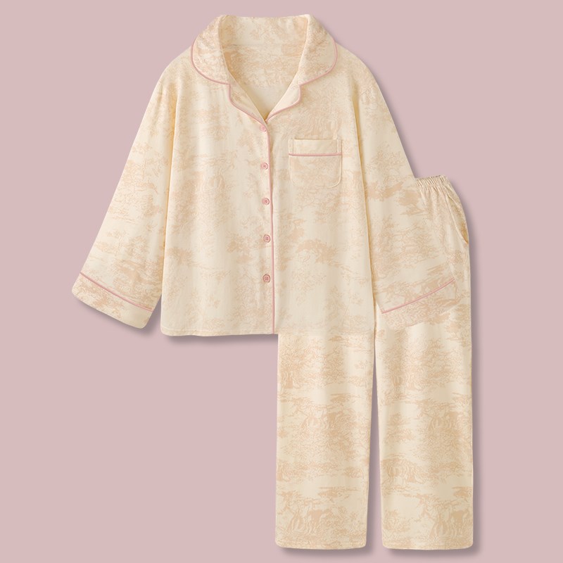 复古油画日系简约睡衣女春秋款可外穿宽松大码纯棉长袖家居服