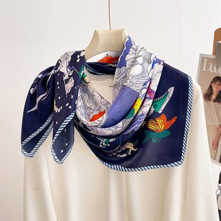 蓝色真丝丝巾大方巾2024新款杭州高级感长条围巾女百搭春秋薄款90