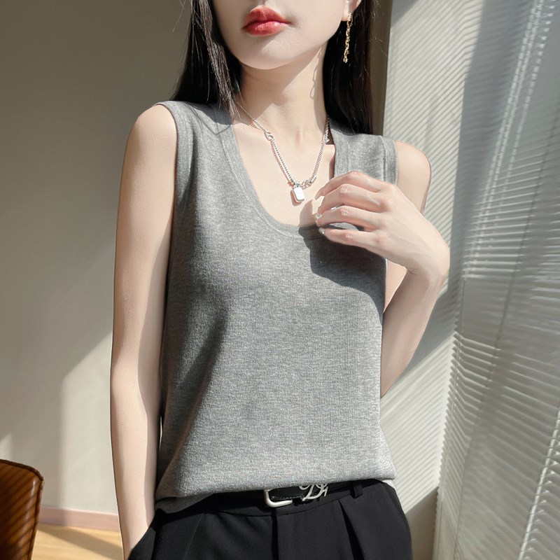 精纺U领针织吊带背心女夏季百搭纯色无袖内搭西装打底衫美背上衣