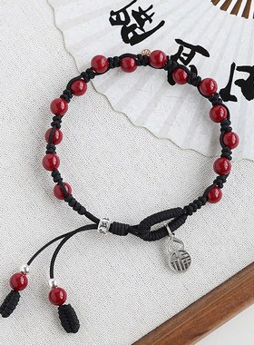 民族风文艺国潮天然朱砂手串男女情侣纯银手链本命年红绳礼物手绳