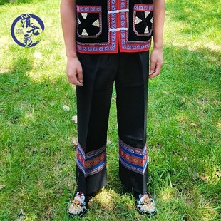 成人彝族b男单裤直筒裤男款长裤民族特色绣花裤子少数民族黑色裤