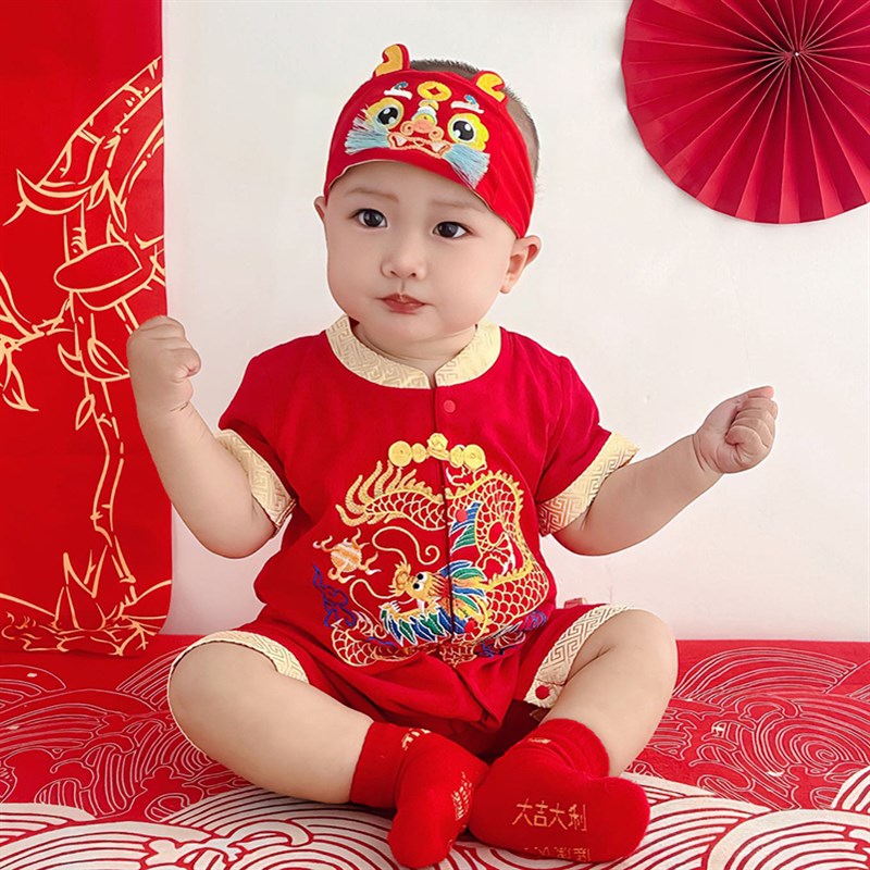 男宝宝周岁礼服夏季薄款短袖连体衣婴儿满月百天衣服龙宝抓周唐装
