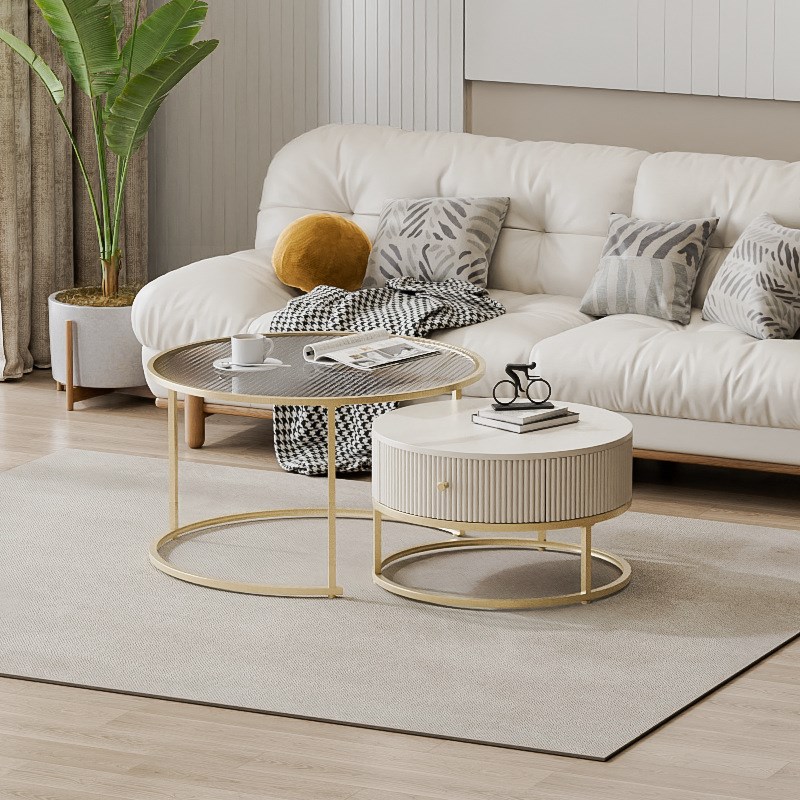 现代简约家用圆形抽屉玻璃子母茶几奶油风小户型岩板伸缩茶几组合