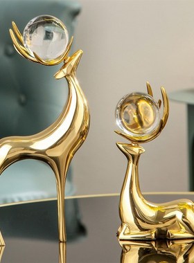 黄铜鹿摆件现代轻奢客厅电视柜酒柜水晶球鹿办公桌书房招财装饰品