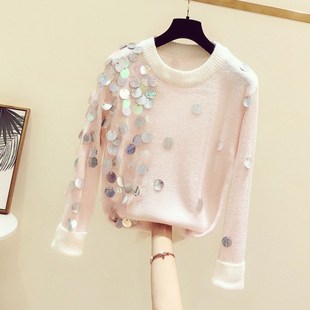很仙的重工亮片闪闪圆领r长袖毛衣女2024秋冬新款休闲中长款针织