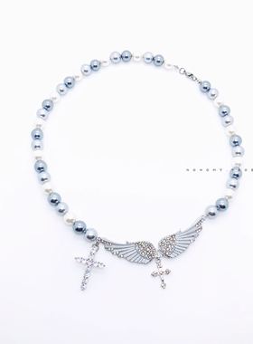 国潮十字架珍珠颈链锆石十字架天使翅膀水晶宇宙闪闪男女锁骨链子