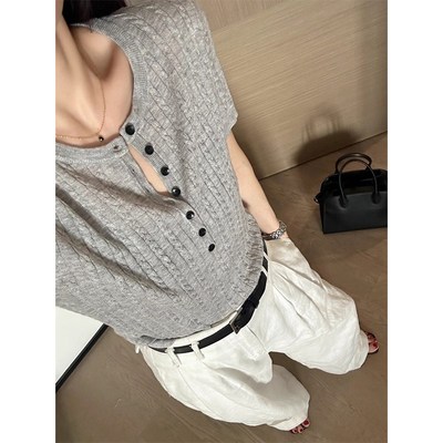 法式老钱风洋气简约休闲百搭短袖V领薄款麻花灰色针织衫T恤上衣女