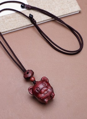 高档红檀木十二生肖项链男女百搭复古毛衣链长短款吊坠本命年属相