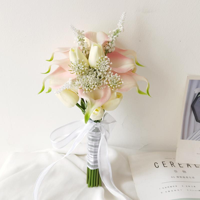 韩版粉色马蹄莲郁金香仿真手捧花束 新娘结婚领证婚纱照拍摄花束
