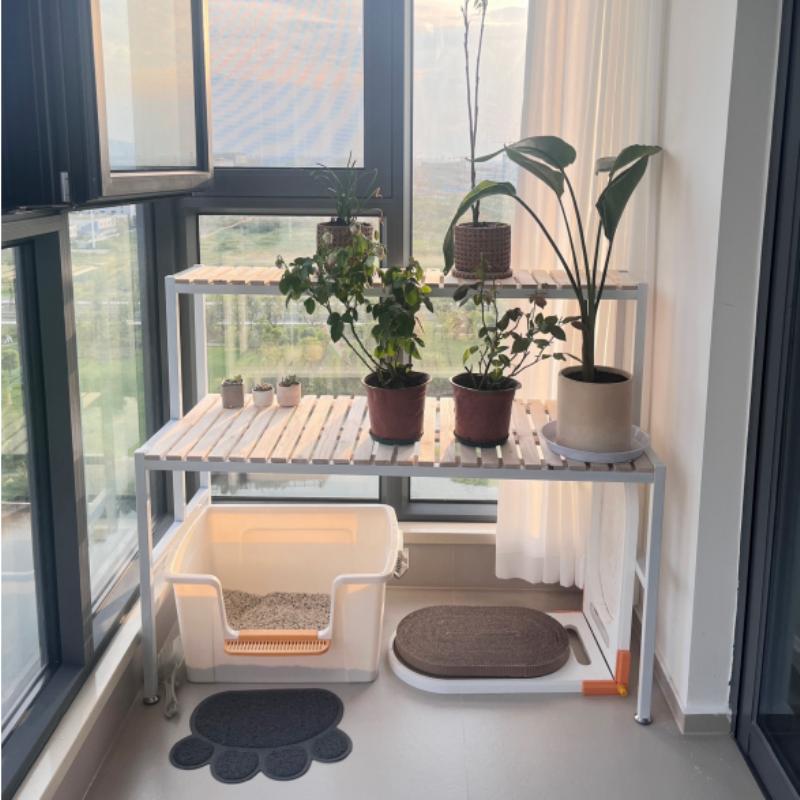 阳台实木阶梯猫爬架大空间猫窝铁艺花架二层多功能宠物用品置物架