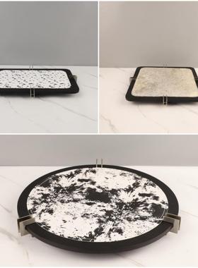 欧式轻奢高端木质皮革马毛香薰装饰托盘卧室衣帽间梳妆台家居饰品