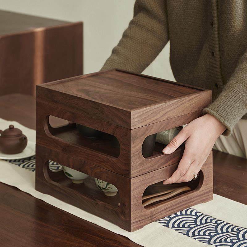 中式茶具桌面收纳盒黑胡桃实木双层可叠加便携茶杯置物架储物柜,收纳整理,桌面收纳盒,淘宝优惠券,粉丝福利购,淘宝优惠卷