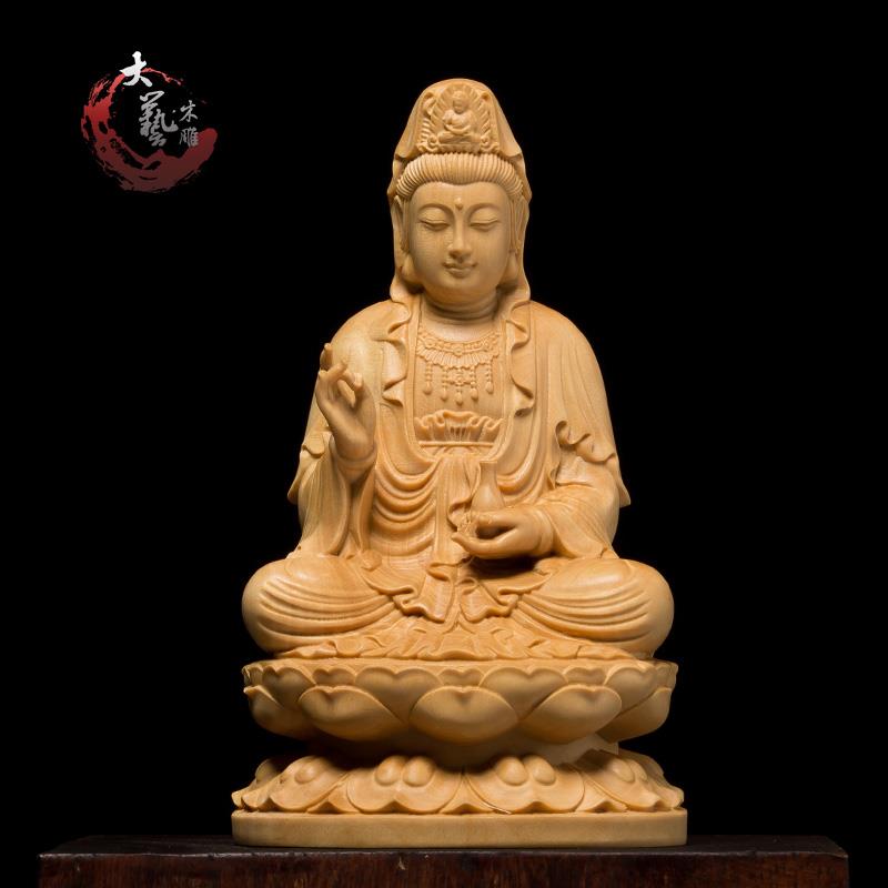小叶黄杨木雕创意客厅供奉风水人物佛像小摆件雕刻工艺品坐莲观音