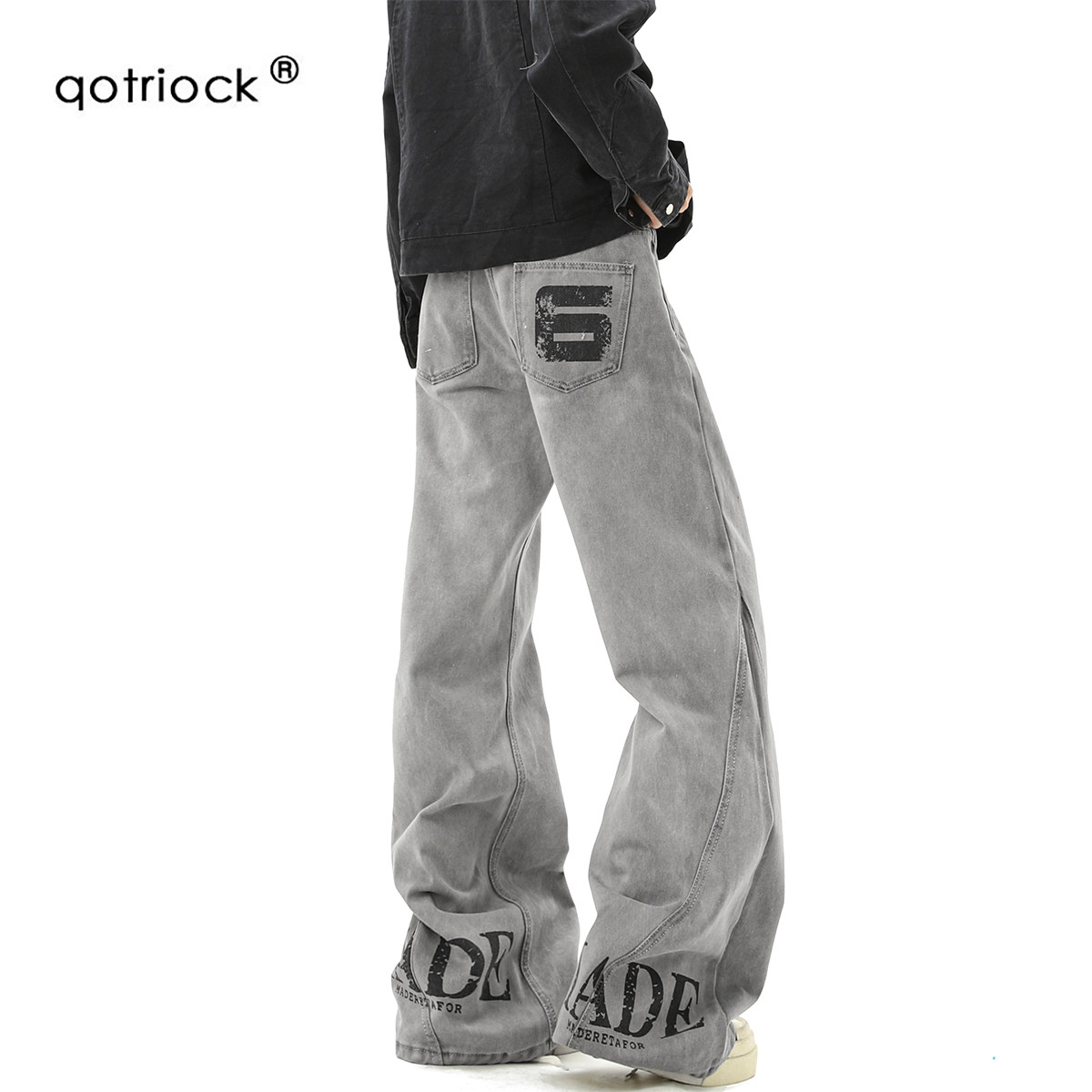 QOTRIOCK高街脏染字母印花牛仔裤图片