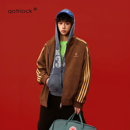 QOTRIOCK美式三条杠荔枝纹夹克男