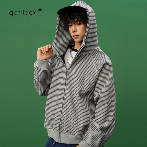 QOTRIOCK美式哈苏线条纹连帽卫衣