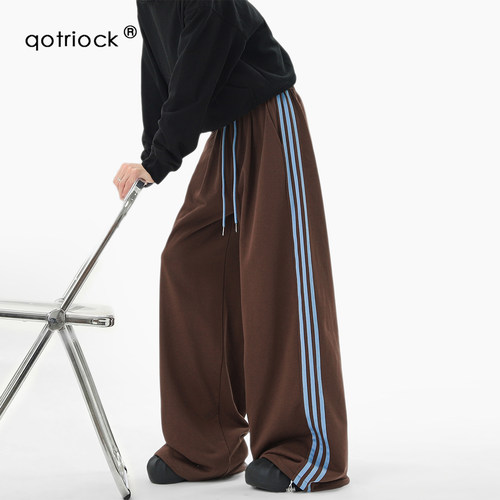 美式重磅三条杠撞色休闲卫裤男女