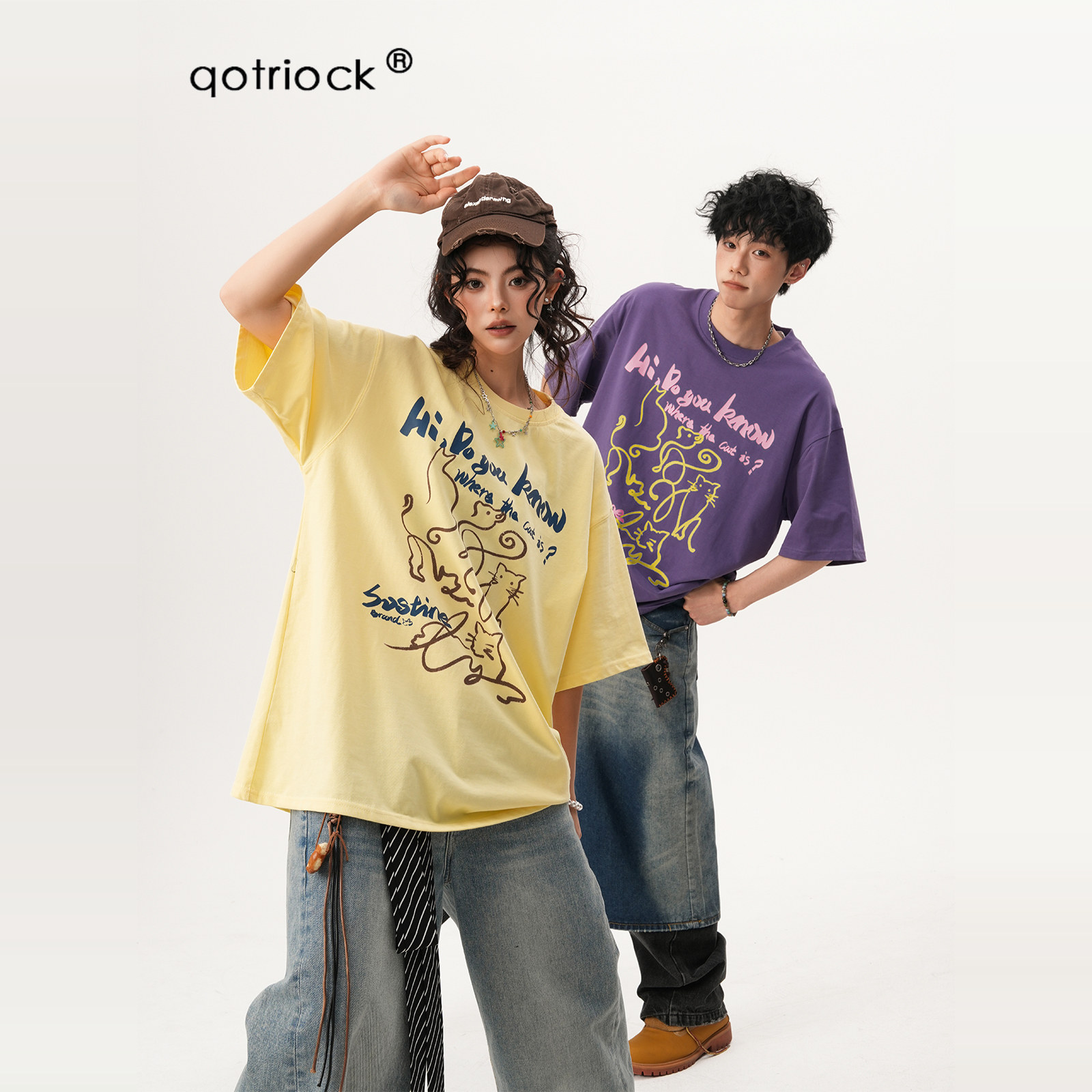 QOTRIOCK美式手绘猫咪短袖t恤男图片
