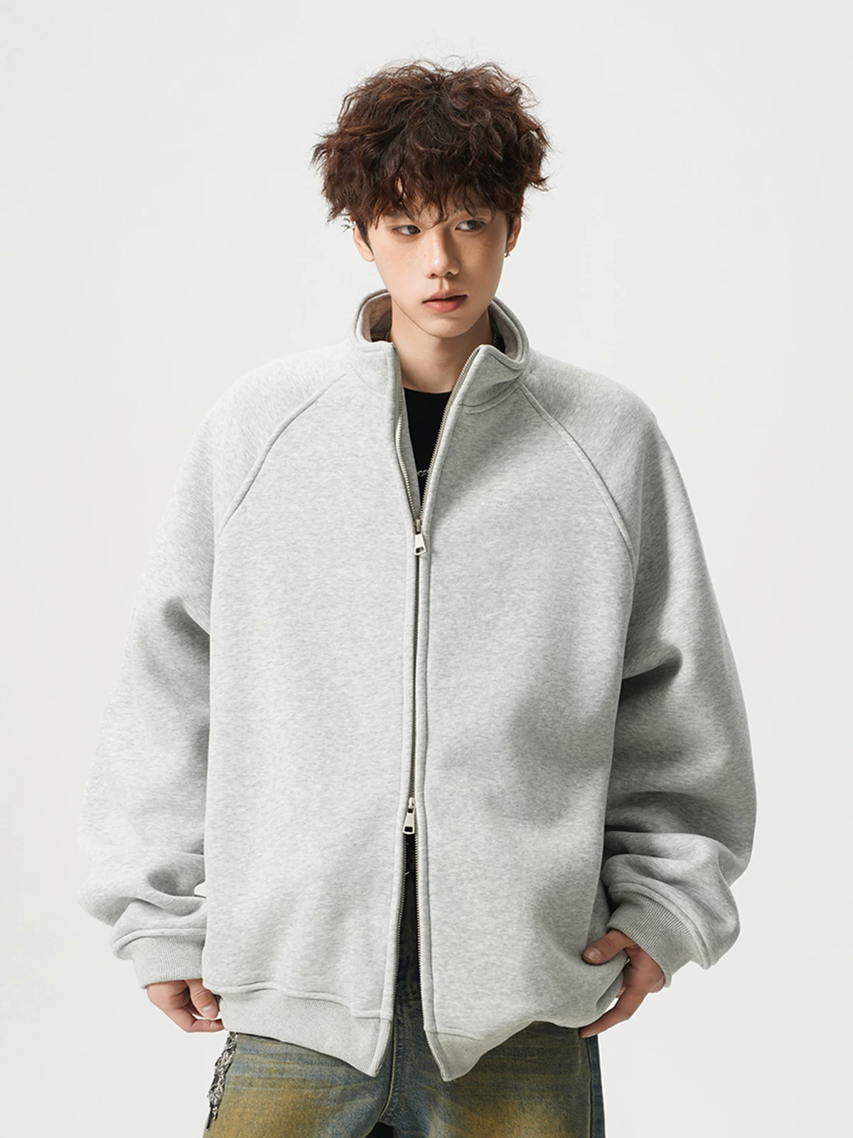 Spring sweatshirt, sports jacket with zipper, American style, oversize, increased thickness