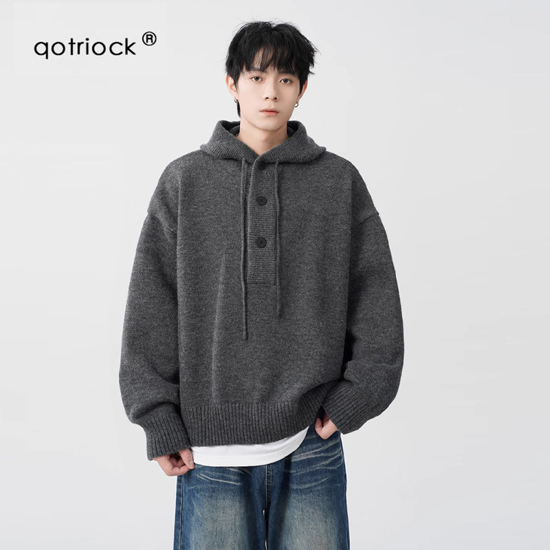 QOTRIOCK美式重磅灰色连帽毛衣男图片