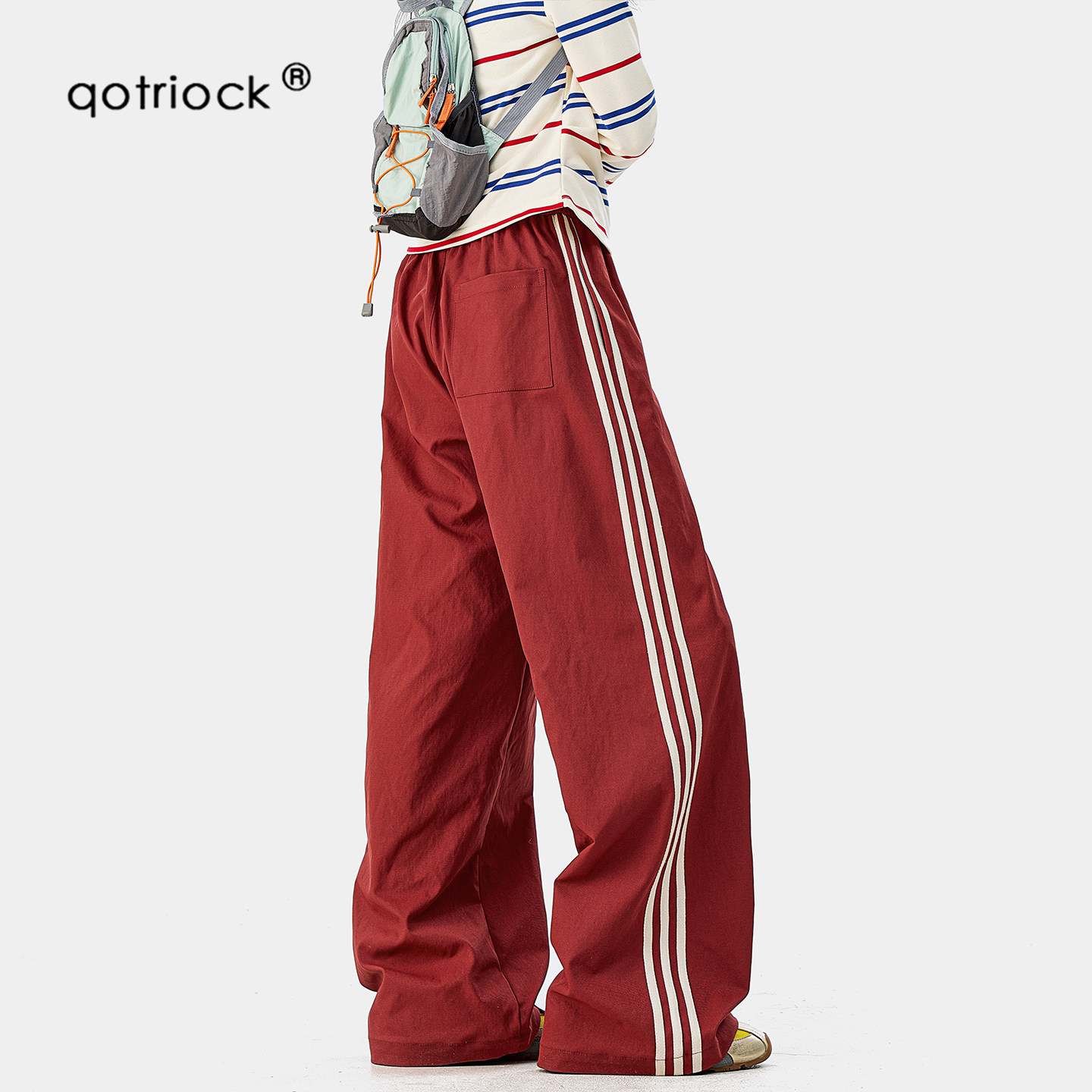QOTRIOCK三条杠撞色运动裤男女2026秋季新款徒步登山宽松休闲长裤
