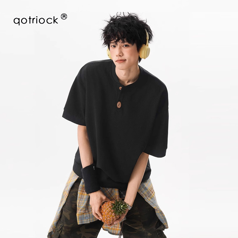 QOTRIOCK美式复古亨利领短袖T恤图片