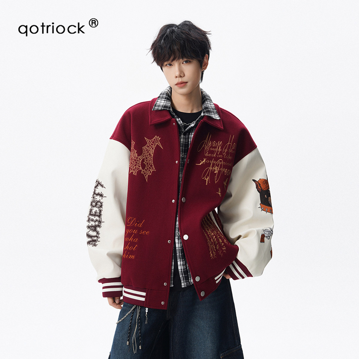 QOTRIOCK美式潮牌重工刺绣夹克男图片