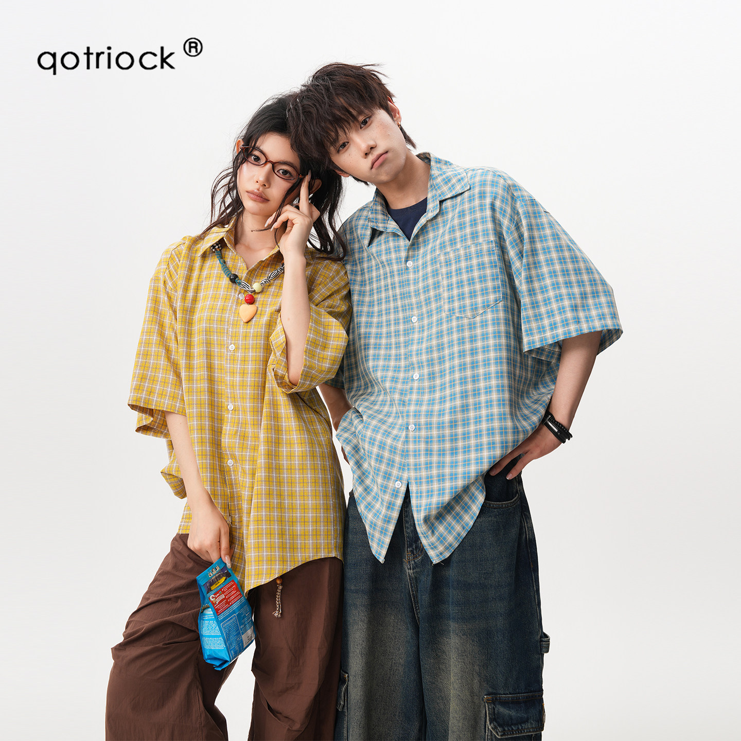QOTRIOCK日系少年感格纹短袖衬衫图片