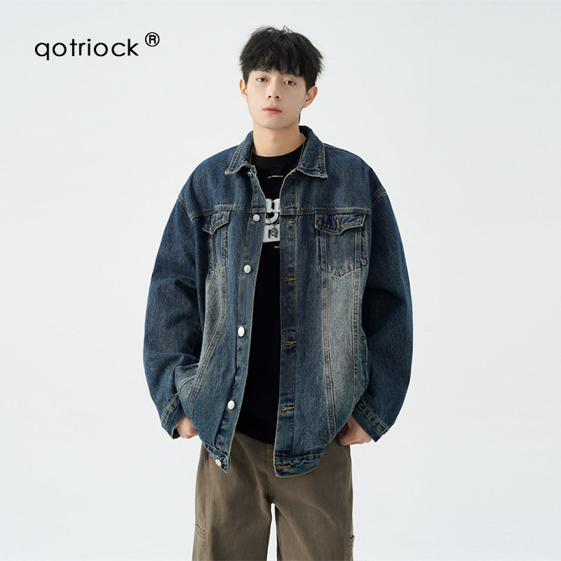 QOTRIOCK做旧牛仔外套男秋季宽松潮外穿2024水洗工装长袖夹克外套