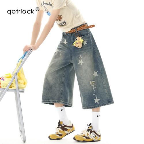 QOTRIOCK复古星星印花牛仔短裤男