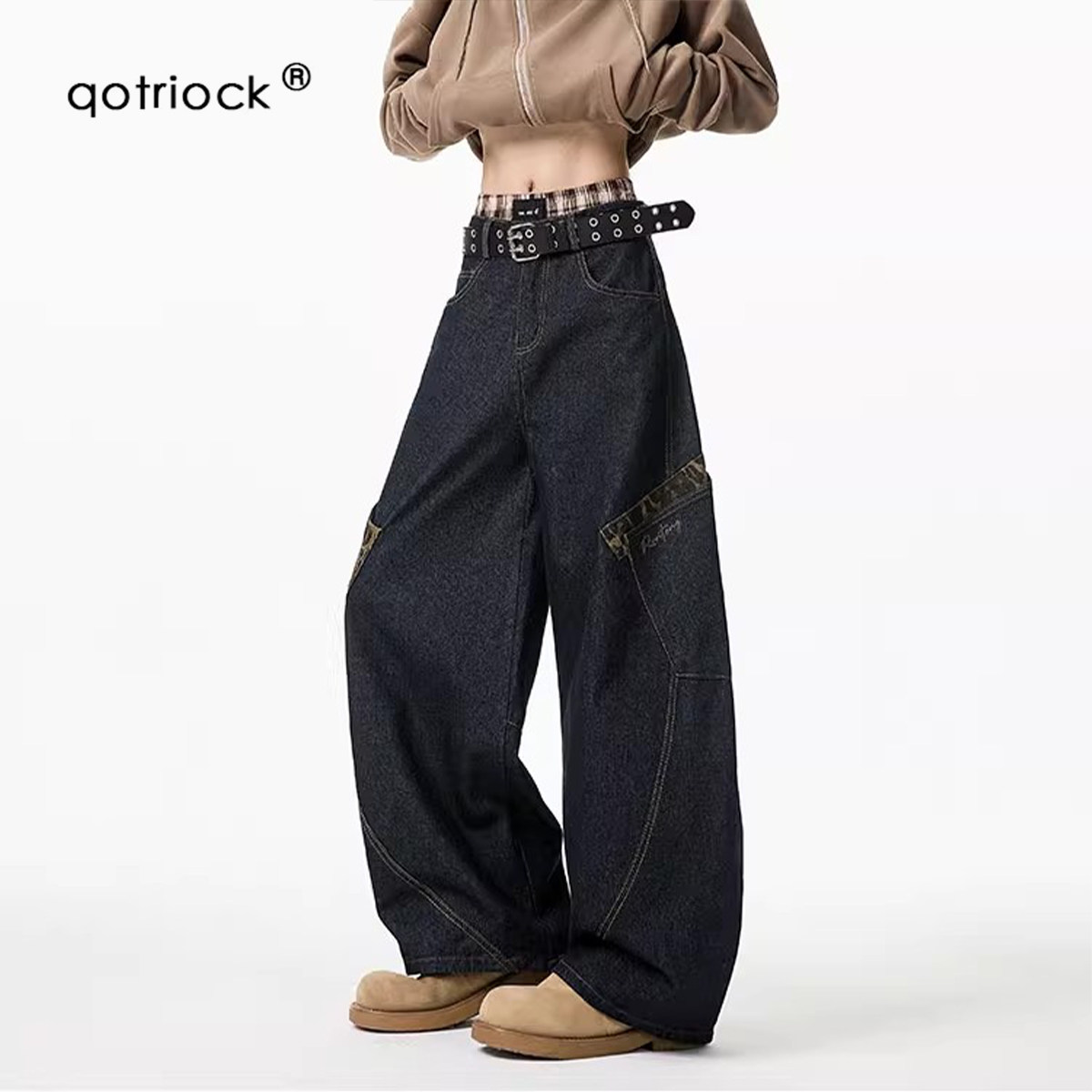 丹宁色拼接豹纹弯刀牛仔裤男秋季宽松hiphop拼接设计感直筒阔腿裤