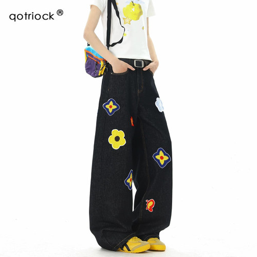 QOTRIOCK美式潮牌花卉刺绣牛仔裤