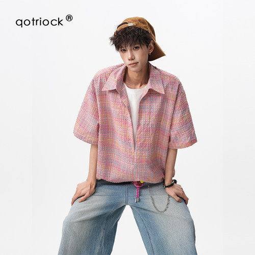QOTRIOCK多巴胺格纹泡泡纱短袖男