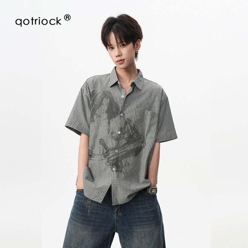 QOTRIOCK条纹草写人像衬衫T恤男图片