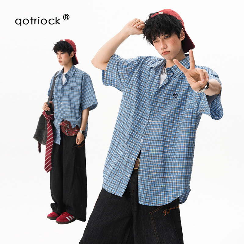 QOTRIOCK美式格纹刺绣短袖衬衫男图片