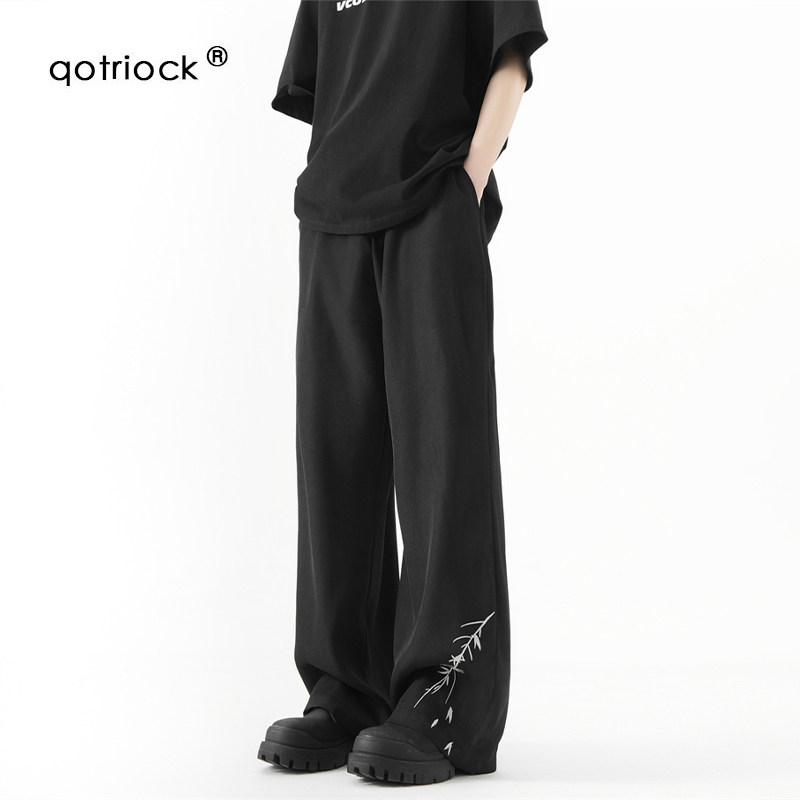 QOTRIOCK新中式重磅冰丝西裤男夏季2024新款黑色阔腿直筒休闲裤子