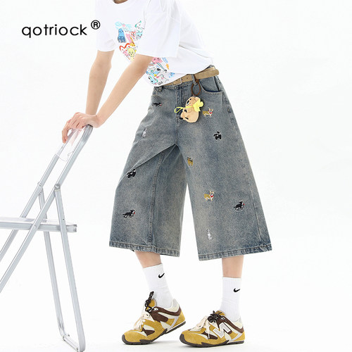QOTRIOCK趣味卡通刺绣牛仔短裤男