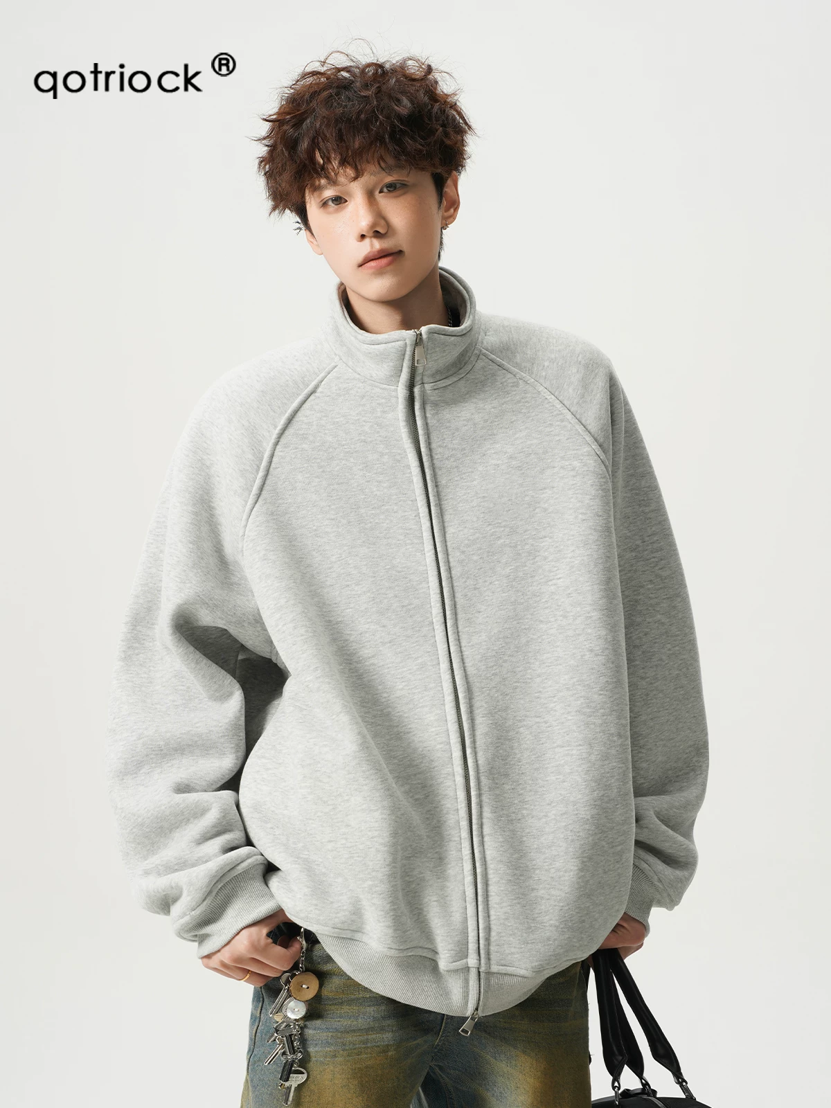 Spring sweatshirt, sports jacket with zipper, American style, oversize, increased thickness