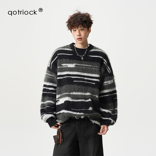 QOTRIOCK马海毛条纹撞色圆领毛衣