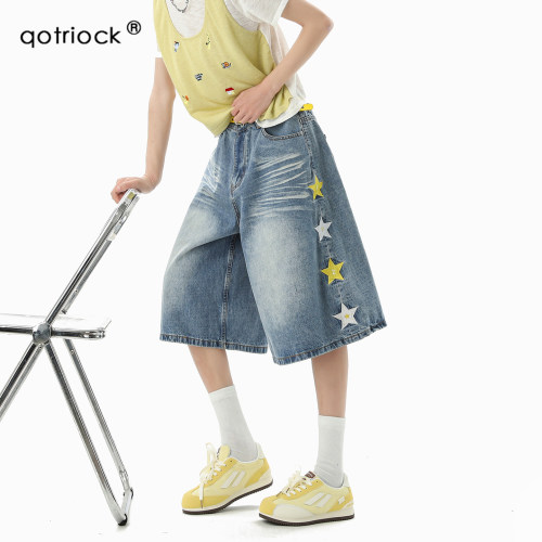QOTRIOCK趣味星星刺绣七分牛仔裤