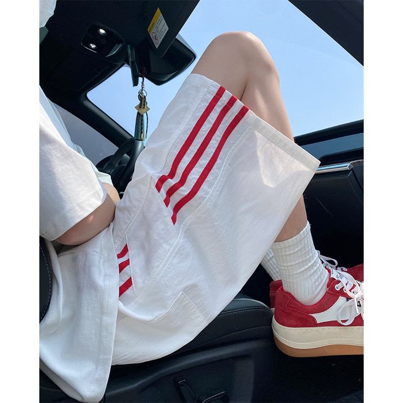 美式条纹速干短裤男女夏季薄款宽松大码直筒五分裤沙滩篮球运动裤