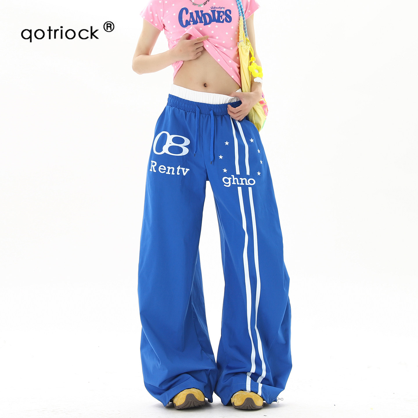 美式街头蓝色双腰头休闲裤男女夏季hiphop高街痞帅阔腿裤运动长裤